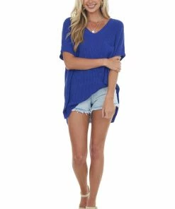Jodifl Royal Blue Oversized Short Sleeve Loose Knit Top