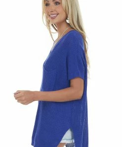 Jodifl Royal Blue Oversized Short Sleeve Loose Knit Top