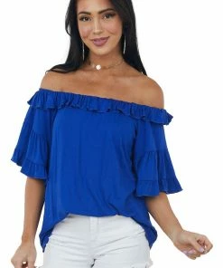 HESED Royal Blue Ruffle Off Shoulder Knit Top Tops