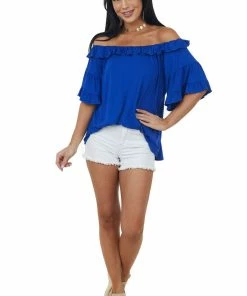 HESED Royal Blue Ruffle Off Shoulder Knit Top Tops