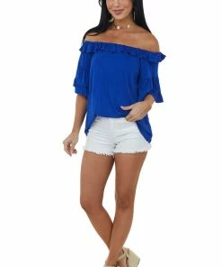HESED Royal Blue Ruffle Off Shoulder Knit Top Tops