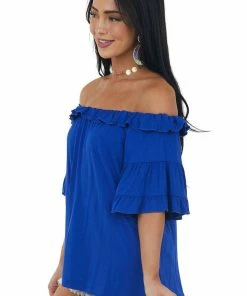 HESED Royal Blue Ruffle Off Shoulder Knit Top Tops