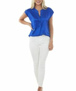 Jodifl Tops Royal Blue Short Sleeve Notch Neckline Satin Blouse 9 Jodifl Tops Royal Blue Short Sleeve Notch Neckline Satin Blouse