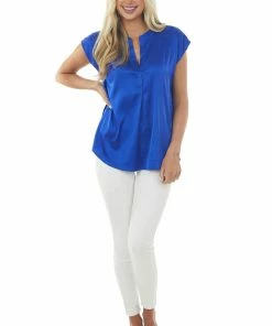 Jodifl Tops Royal Blue Short Sleeve Notch Neckline Satin Blouse 10 Jodifl Tops Royal Blue Short Sleeve Notch Neckline Satin Blouse