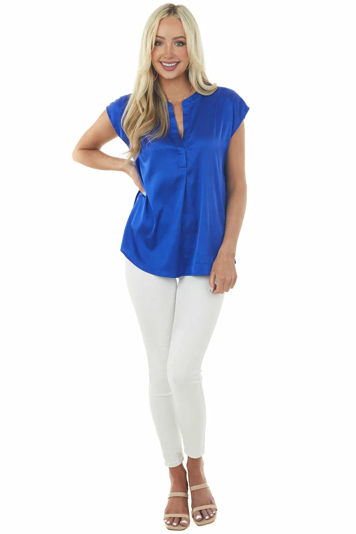 Jodifl Tops Royal Blue Short Sleeve Notch Neckline Satin Blouse 5 Jodifl Tops Royal Blue Short Sleeve Notch Neckline Satin Blouse
