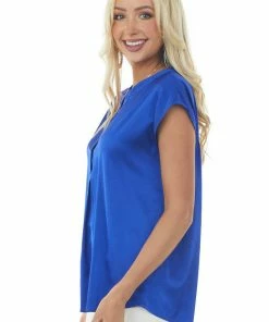 Jodifl Tops Royal Blue Short Sleeve Notch Neckline Satin Blouse 11 Jodifl Tops Royal Blue Short Sleeve Notch Neckline Satin Blouse