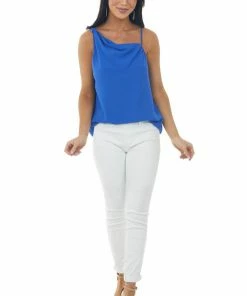 Doe & Rae Royal Blue Sleeveless Asymmetrical Cami Blouse