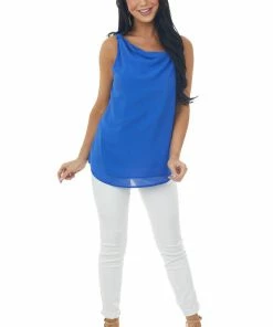 Doe & Rae Royal Blue Sleeveless Asymmetrical Cami Blouse
