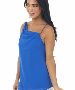 Doe & Rae Royal Blue Sleeveless Asymmetrical Cami Blouse