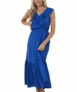 Haptics Royal Blue Sleeveless Ruffle Surplice Maxi Dress
