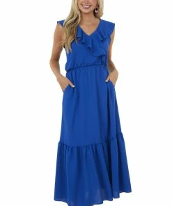 Haptics Royal Blue Sleeveless Ruffle Surplice Maxi Dress