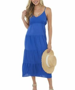 She + Sky Royal Blue Sleeveless Tiered Woven Midi Dress