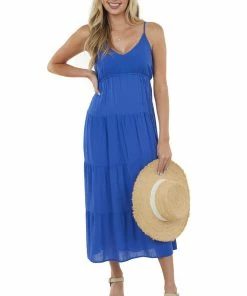 She + Sky Royal Blue Sleeveless Tiered Woven Midi Dress
