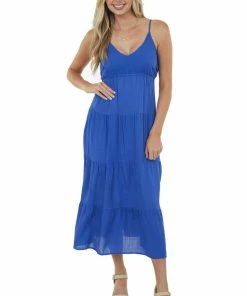 She + Sky Royal Blue Sleeveless Tiered Woven Midi Dress