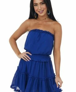 She + Sky Royal Blue Strapless Frill Tiered Mini Dress Dresses 12 She + Sky Royal Blue Strapless Frill Tiered Mini Dress Dresses