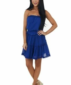She + Sky Royal Blue Strapless Frill Tiered Mini Dress Dresses 14 She + Sky Royal Blue Strapless Frill Tiered Mini Dress Dresses