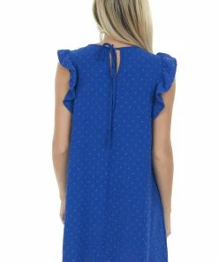 143 Story Dresses Royal Blue Swiss Dot Ruffle Cap Sleeve Dress