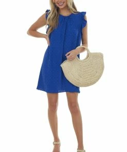 143 Story Dresses Royal Blue Swiss Dot Ruffle Cap Sleeve Dress