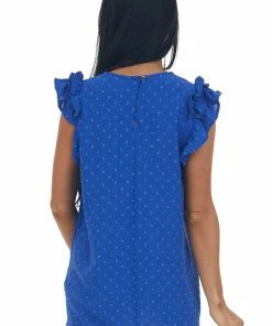 143 Story Tops Royal Blue Swiss Dot Ruffle Sleeve A Line Top