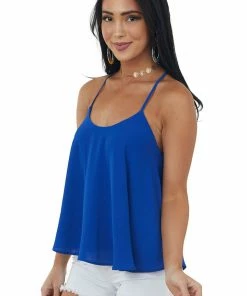 She + Sky Tops Royal Blue Textured Scoop Neck Swing Cami Blouse