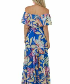 Flying Tomato Royal Blue Tropical Print Off Shoulder Maxi Dress