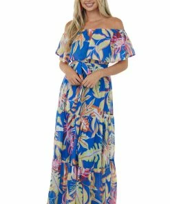 Flying Tomato Royal Blue Tropical Print Off Shoulder Maxi Dress