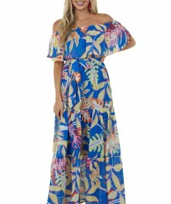 Flying Tomato Royal Blue Tropical Print Off Shoulder Maxi Dress