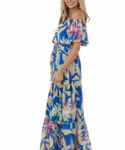 Flying Tomato Royal Blue Tropical Print Off Shoulder Maxi Dress