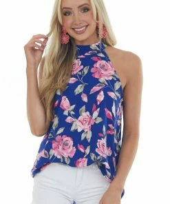 FSL APPAREL Tops Royal Floral Print Sleeveless Woven Top With Halter Neckline 12 FSL APPAREL Tops Royal Floral Print Sleeveless Woven Top With Halter Neckline