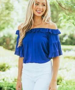 HESED Royal Blue Ruffle Off Shoulder Knit Top Tops
