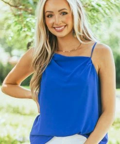 Doe & Rae Royal Blue Sleeveless Asymmetrical Cami Blouse