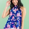 FSL APPAREL Tops Royal Floral Print Sleeveless Woven Top With Halter Neckline