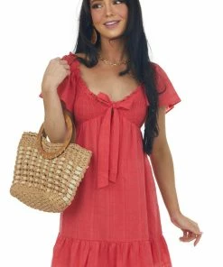 Lush Clothing Ruby Bow Tie Smocked Babydoll Textured Dress