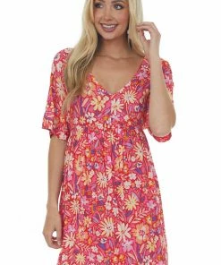 Andree Watermelon Colorful Floral Babydoll Flowy Mini Dress Dresses