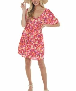 Andree Watermelon Colorful Floral Babydoll Flowy Mini Dress Dresses
