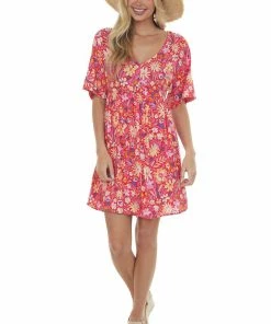 Andree Watermelon Colorful Floral Babydoll Flowy Mini Dress Dresses