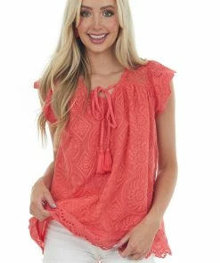Davi & Dani Tops Ruby Embroidered Eyelet Sleeve Tassel Blouse