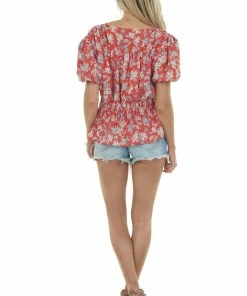 Davi & Dani Ruby Floral Print V Neck Puff Sleeve Blouse Tops