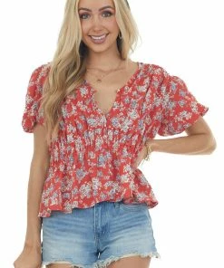 Davi & Dani Ruby Floral Print V Neck Puff Sleeve Blouse Tops