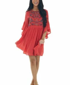 Umgee Ruby Red Floral Embroidered Flowy Short Dress