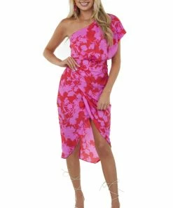 Do + Be Dresses Ruby And Fuchsia Floral One Shoulder Short Woven Dress