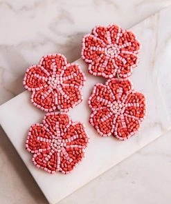 Fame Accessories Ruby Double Flower Seed Beaded Drop Earrings
