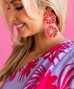 Fame Accessories Ruby Double Flower Seed Beaded Drop Earrings