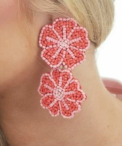 Fame Accessories Ruby Double Flower Seed Beaded Drop Earrings