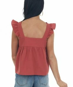Very J Rust Button Up Square Neck Ruffle Tank Top Tops