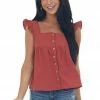 Very J Rust Button Up Square Neck Ruffle Tank Top Tops