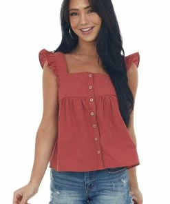 Very J Rust Button Up Square Neck Ruffle Tank Top Tops