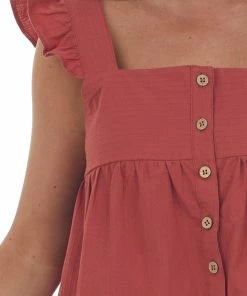 Very J Rust Button Up Square Neck Ruffle Tank Top Tops
