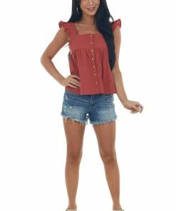 Very J Rust Button Up Square Neck Ruffle Tank Top Tops
