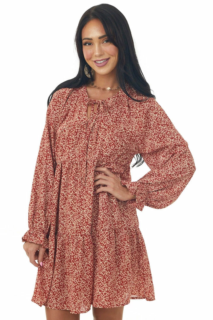 Hayden Dresses Rust Ditsy Floral Bubble Sleeve Peasant Dress 3 Hayden Dresses Rust Ditsy Floral Bubble Sleeve Peasant Dress